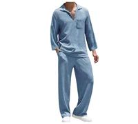 2026 Chemise décontractée pour Hommes, Manches Longues, Pantalon Long, Couleur Unie, Costume Deux pièces (Blue, M)