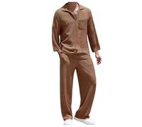 2026 Chemise décontractée pour Hommes, Manches Longues, Pantalon Long, Couleur Unie, Costume Deux pièces (Coffee, XXXL)