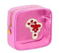 2026 Christmas Makeup Bag, Mini Christmas Zipper Pouches, Clear Preppy Patch Makeup Bags, Small Nylon Holiday Travel Skincare Cosmetic Organizer for Women (Pink)