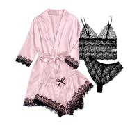 2026 Conjunto de pijama de seda para mujer, 4 piezas, ropa de dormir de satén, clásico, con botones, manga corta, conjunto de pijama lindo, Rosa., M