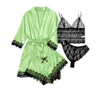 2026 Conjunto de pijama de seda para mujer, 4 piezas, ropa de dormir de satén, clásico, con botones, manga corta, conjunto de pijama lindo, verde menta, XL