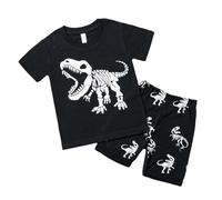 2026 Conjunto de ropa de dinosaurio para niños, camiseta y pantalones cortos que brillan en la oscuridad, ropa de juego de verano de 2 piezas para niños pequeños de 2 a 8 años, cómoda tela elástica