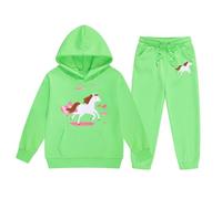 2026 - Conjunto de ropa de invierno para niña, sudadera con capucha y estampado de caballos de dibujos animados, pantalones de chándal con bolsillo con cordón, estilo rancho, manga larga, verde, 3-4
