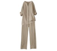 2026 Conjunto Dos Piezas Mujer Algodón Lino Casual Camiseta Manga Corta y Pantalones otoño Primavera Deportivo Traje Talla Grande Suelto Conjunto Moda Color sólido Cómodo Casa Pijama