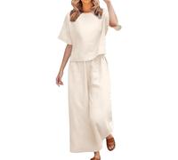 2026 Conjunto Dos Piezas Mujer Algodón Lino Casual Camiseta Manga Corta y Pantalones otoño Primavera Deportivo Traje Talla Grande Suelto Conjunto Moda Color sólido Cómodo Casa Pijama