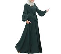 2026 Eid Ramadán Abaya - Vestido de oración para mujer, color liso, manga larga, con volantes, modesto, verde, L