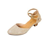 2026 Elegant Latin Dance Carpins, adornadas con un lazo brillante en el frente, con suela suave y acolchada y hebilla segura., dorado, 38 EU