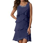 2026 Elegante Vestido de Cóctel Mujer para Fiesta Boda Cuello Redondo Brillante Fluido Línea A Vestido de Noche Formal Primavera Verano Otoño, azul oscuro, XL