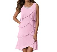 2026 Elegante Vestido de Cóctel Mujer para Fiesta Boda Cuello Redondo Brillante Fluido Línea A Vestido de Noche Formal Primavera Verano Otoño, Rosa., L
