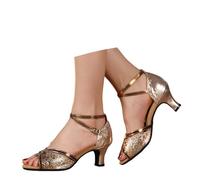 2026 Elegantes zapatos de baile latino con tiras para un tacón cómodo punta elegante, marrón, 42 EU