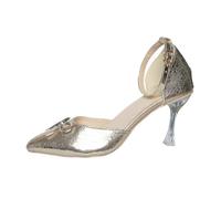 2026 Elegantes zapatos de tacón de aguja de encaje con detalle de lazo parte lateral abierta para UN vestido de moda, dorado, 36 EU