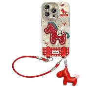 2026 Embroidered Pony Lanyard New Year Phone Case for iPhone 17/16/15/14/13/12 Plus Pro Max Series, Year of The Horse Cute Horse Red Phone Case with Lanyard, Anti-Drop (12 PRO MAX,Silver + Lanyard)