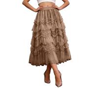 2026 Falda de gasa con volantes, con volantes, dobladillo corto, con volantes, vestido de fiesta, informal, elegante, cintura con volantes, corte asimétrico, para uso diario y casual, café, Talla