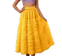 2026 Falda de gasa con volantes, con volantes, dobladillo corto, con volantes, vestido de fiesta, informal, elegante, cintura con volantes, corte asimétrico, para uso diario y casual, amarillo, talla
