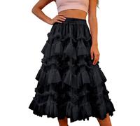 2026 Falda de gasa con volantes, con volantes, dobladillo corto, con volantes, vestido de fiesta, informal, elegante, cintura con volantes, corte asimétrico, para uso diario y casual, Negro , Talla