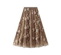 2026 Falda de mujer con bordado de malla para mujer, falda industrial pesada de talla grande, nueva falda literaria de línea A de cintura alta y falda larga, caqui, Talla única