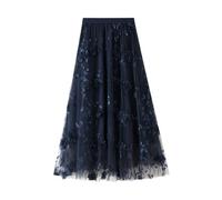 2026 Falda de mujer con bordado de malla para mujer, falda industrial pesada de talla grande, nueva falda literaria de línea A de cintura alta y falda larga, marine, Talla única