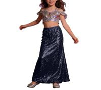 2026 Falda de niña con lentejuelas brillantes ropa de fiesta cintura elástica tutú de moda falda acampanada casual acampanada para niños pequeños adolescentes, Negro , 15-16 años