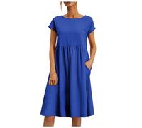 2026 Fashion Summer OL Temperament Women' Cotton and Linen Round Neck A-Line Skirt Plus Size Loose Dress(Blue,L)