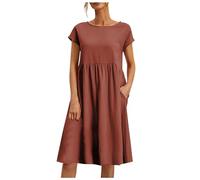 2026 Fashion Summer OL Temperament Women' Cotton and Linen Round Neck A-Line Skirt Plus Size Loose Dress(Orange,L)