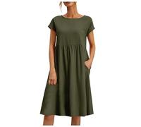 2026 Fashion Summer OL Temperament Women' Cotton and Linen Round Neck A-Line Skirt Plus Size Loose Dress(Green,S)
