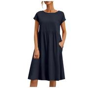 2026 Fashion Summer OL Temperament Women' Cotton and Linen Round Neck A-Line Skirt Plus Size Loose Dress(Navy,M)