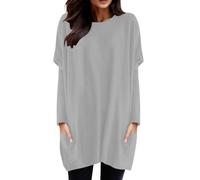 2026-Generisch Mujeres Invierno Cómodo Cuello Redondo Manga Larga Camiseta Top Bolsillo Puff Manga Estampado Top Top, gris, XXL