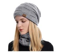 2026 Gorro de punto de lana con bufanda, traje de gorro de lana de dos piezas con cuello cálido para invierno, gris, Talla única