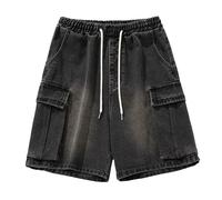 2026 Herren Cargo Denim-Optik Shorts, en Baumwoll-Polyesterstoff, gepflegte Linien, Arbeit Outdoor Nutzung mit Variabler Kombinationsmoeglichkeit, leichte Kombi, kombinierbarer Stil, Negro, 3XL