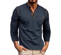 2026 Hombre - Camisa Larga de Invierno con Bolsillos Sólidos, Costuras de Rayas Letras, Mangas raglán, azul, M