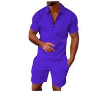 2026 Hombre Casual Rayas Dos Piezas Con Cremallera Manga Corta Top Blusa Cordón Bolsa Conjunto Corto Chaleco Palomas De Tono, morado, 3XL