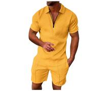 2026 Hombre Casual Rayas Dos Piezas Con Cremallera Manga Corta Top Blusa Cordón Bolsa Conjunto Corto Chaleco Palomas De Tono, amarillo, 3XL