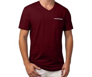2026 Hombres Primavera y Verano Moda Color sólido Cuello en V Bolsillo en el pecho Camiseta Temperamento Cómodo Manga Corta, rojo, XL