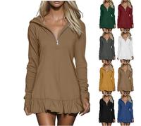 2026 Hoodie Dress for Women Casual Long Sleeve Quarter Zip Mini Dresses V-Neck Ruffle Hem Oversized Dress (Khaki,L)