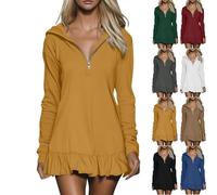 2026 Hoodie Dress for Women Casual Long Sleeve Quarter Zip Mini Dresses V-Neck Ruffle Hem Oversized Dress (Yellow,L)