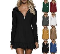 2026 Hoodie Dress for Women Casual Long Sleeve Quarter Zip Mini Dresses V-Neck Ruffle Hem Oversized Dress (Black,S)