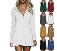 2026 Hoodie Dress for Women Casual Long Sleeve Quarter Zip Mini Dresses V-Neck Ruffle Hem Oversized Dress (White,S)
