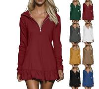 2026 Hoodie Dress for Women Casual Long Sleeve Quarter Zip Mini Dresses V-Neck Ruffle Hem Oversized Dress (Red,XXL)