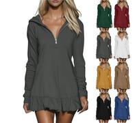 2026 Hoodie Dress for Women Casual Long Sleeve Quarter Zip Mini Dresses V-Neck Ruffle Hem Oversized Dress (Gray,S)