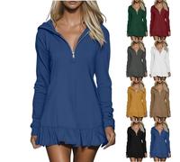 2026 Hoodie Dress for Women Casual Long Sleeve Quarter Zip Mini Dresses V-Neck Ruffle Hem Oversized Dress (Blue,L)