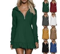 2026 Hoodie Dress for Women Casual Long Sleeve Quarter Zip Mini Dresses V-Neck Ruffle Hem Oversized Dress (Green,XXL)