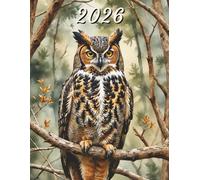 2026: Large Monthly Calendar Planner - Watercolor Great Horned Owl Bird