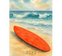 2026: Large Monthly Calendar Planner - Watercolor Surfboard On A Beach With Ocean Waves
