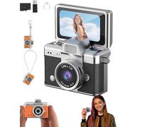 2026 Mini Digital Camera with 1.47 In LCD Screen, 1080p HD Tiny Retro Keychain Camera, Flip Screen Mini CAM with Built-In Flash, 32gb Card for Travel, Concert, Study Recording (H)