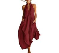 2026 Minimalist Halter Neck Maxi Dress, Casual Loose Fit Summer Dress with Pockets for Women Elegant Comfortable (Red,S)