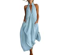 2026 Minimalist Halter Neck Maxi Dress, Casual Loose Fit Summer Dress with Pockets for Women Elegant Comfortable (Light Blue,XXL)