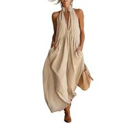 2026 Minimalist Halter Neck Maxi Dress, Casual Loose Fit Summer Dress with Pockets for Women Elegant Comfortable (Khaki,XXL)