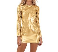 2026 Minivestido Ajustado de Manga Larga con Efecto Brillante para Fiestas nocturnas y Eventos nocturnos. (Gold, XL)