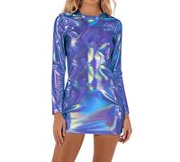 2026 Minivestido Ajustado de Manga Larga con Efecto Brillante para Fiestas nocturnas y Eventos nocturnos. (Blue, M)