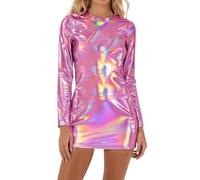 2026 Minivestido Ajustado de Manga Larga con Efecto Brillante para Fiestas nocturnas y Eventos nocturnos. (Red, M)